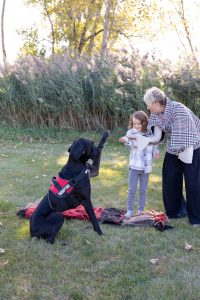 A counselor guides a young girl to give a therapy dog the paw command. The dog is giving the child his paw.